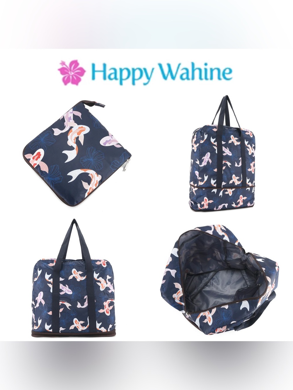 Happy Wahine 🌺 Hawaii • NWT • FOLDABLE DUFFLE BAG SOPHIE KOI NAVY
